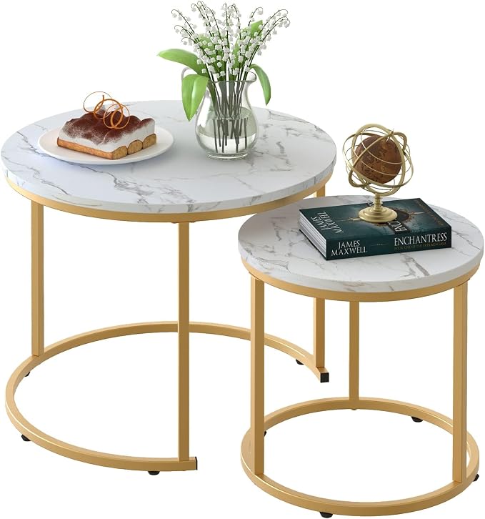 White Marble & Gold Round Nesting Coffee Tables (Set of 2)