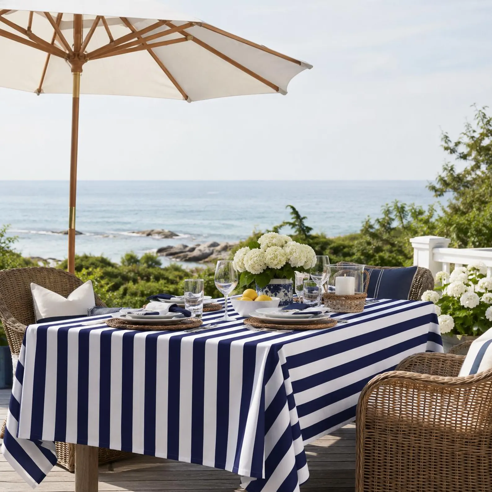 Navy Blue & White Cabana Stripe Cotton Tablecloth