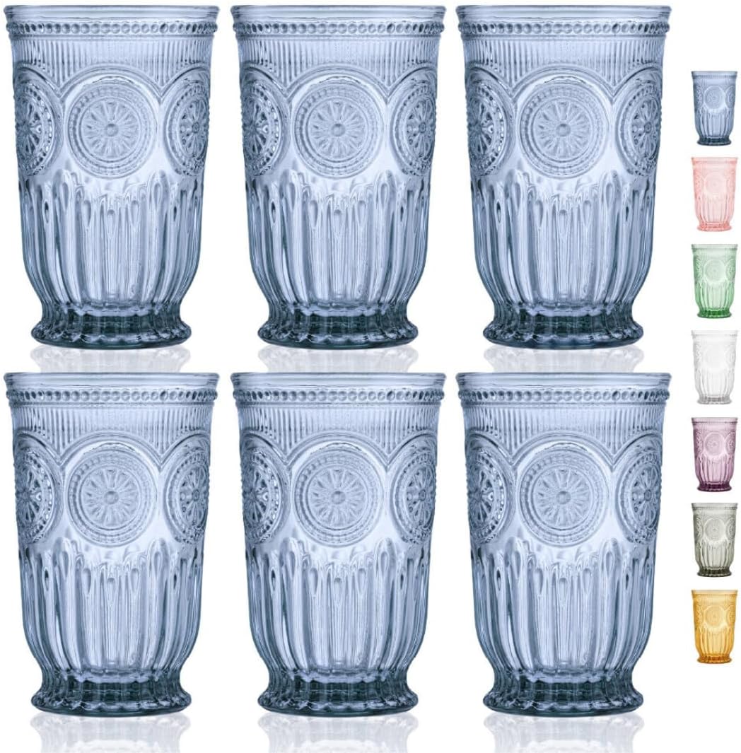 Vintage Embossed Blue Highball Tumblers (Set of 6)