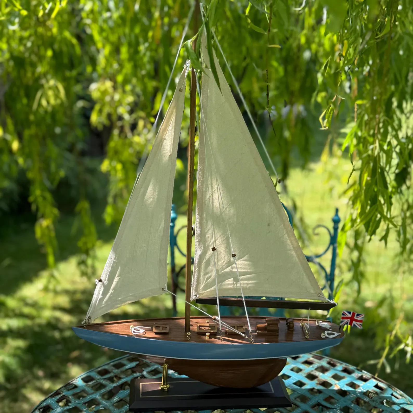 Hand-Painted Sea Reflection Blue Wooden Sailboat Model
