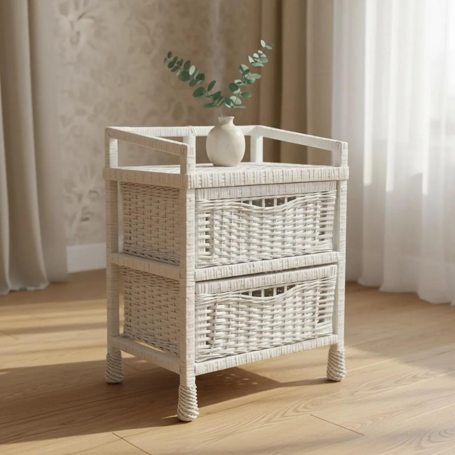 White Wicker Nightstand with Drawers — Handmade Rattan Bedside Table