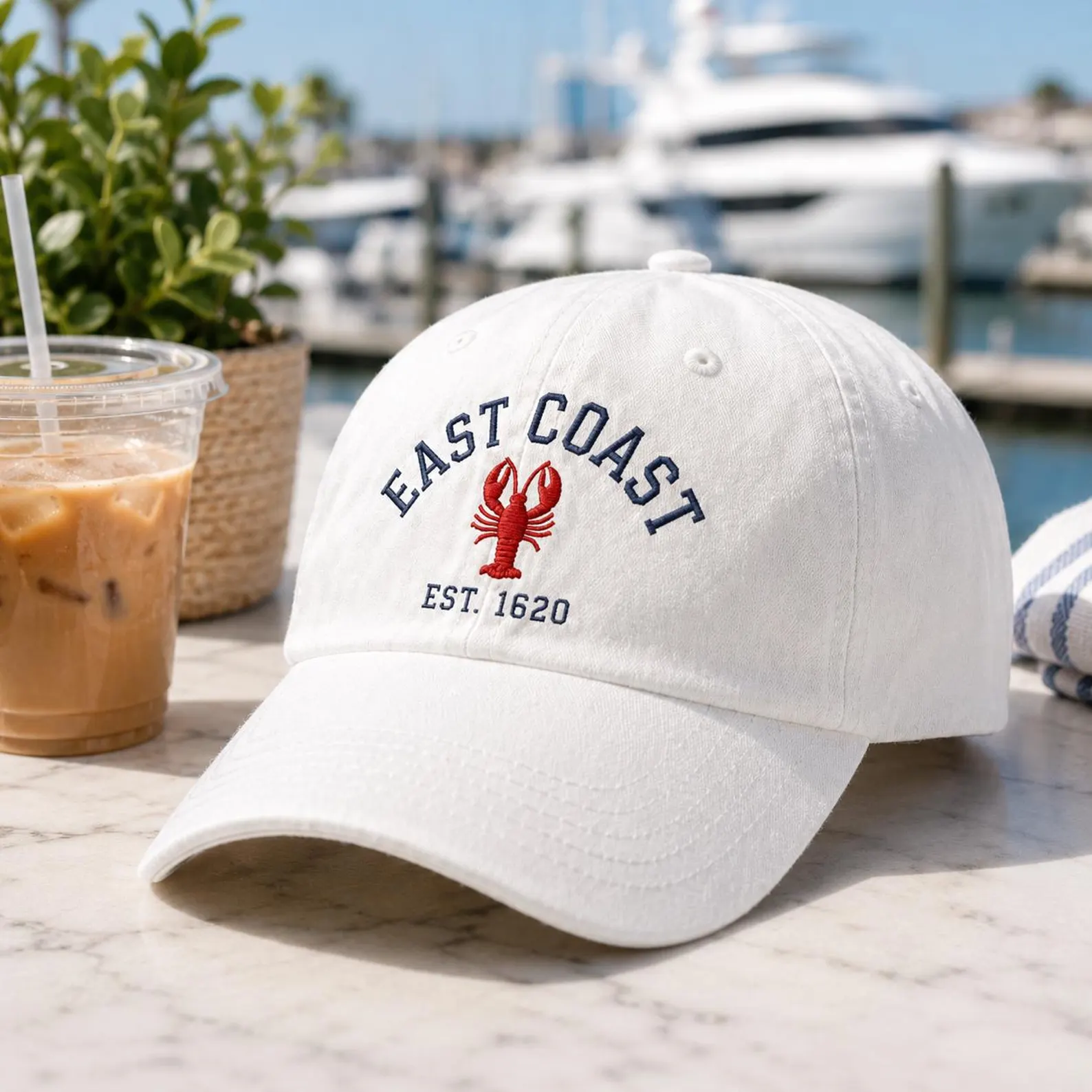 East Coast Lobster Est. 1620 Embroidered Baseball Hat — White