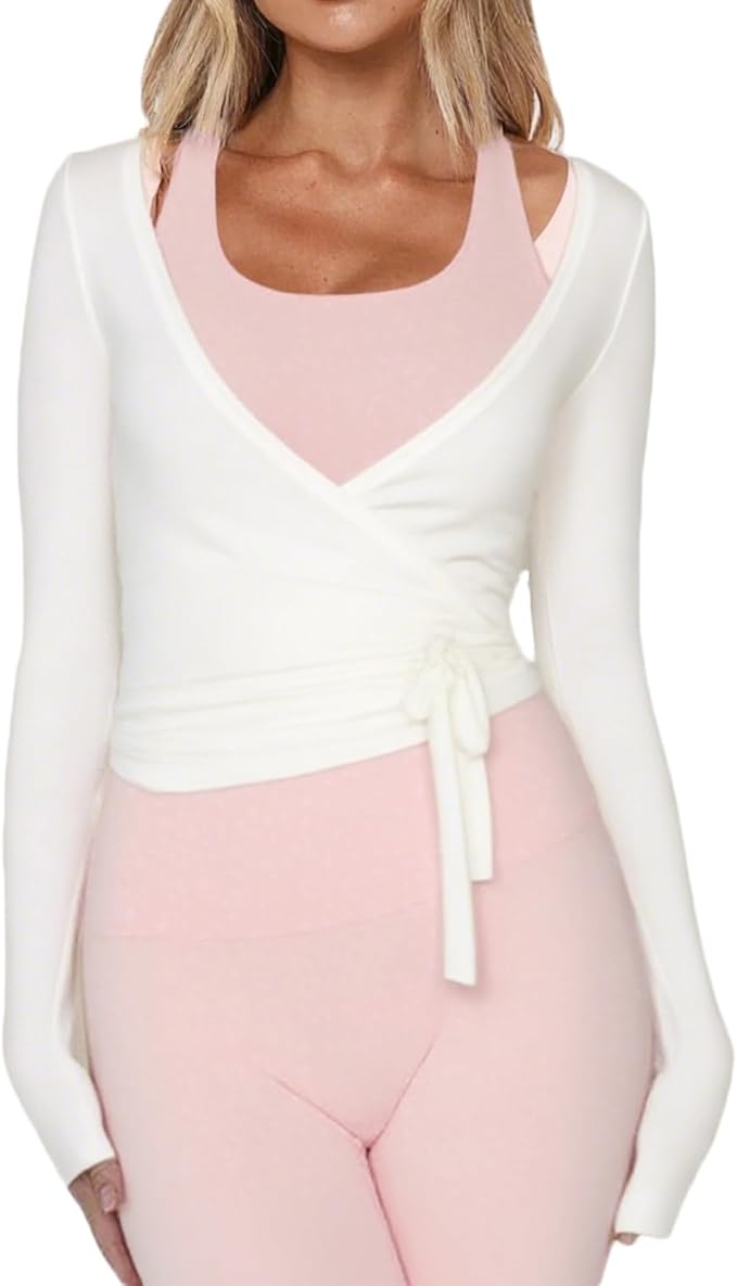 White Ballet Wrap Long-Sleeve Workout Top