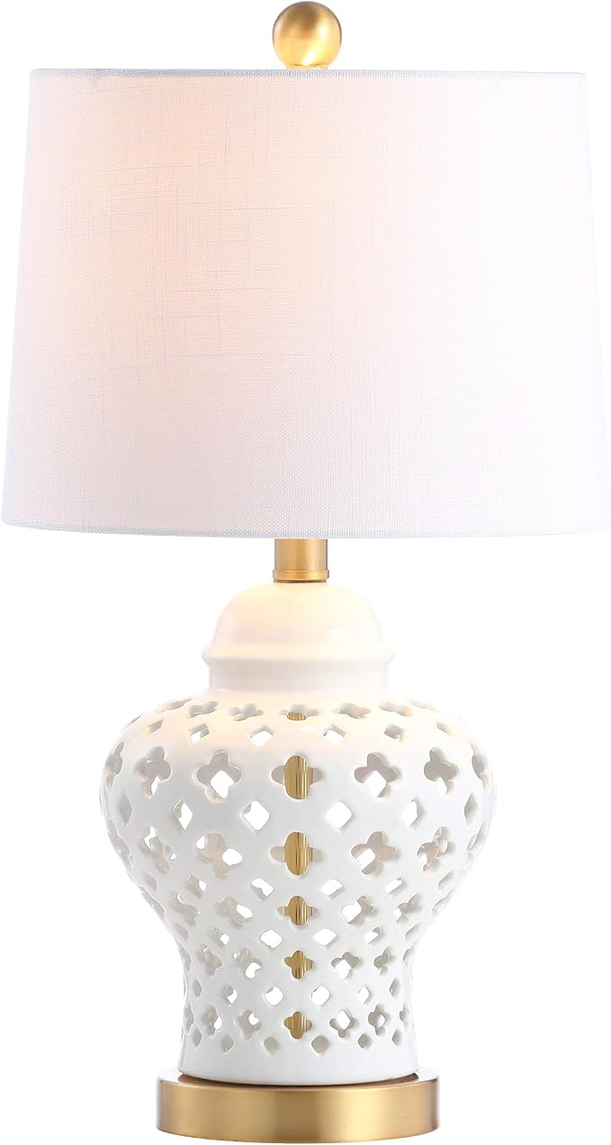 White Lattice Ceramic Ginger Jar Table Lamp with Gold Base