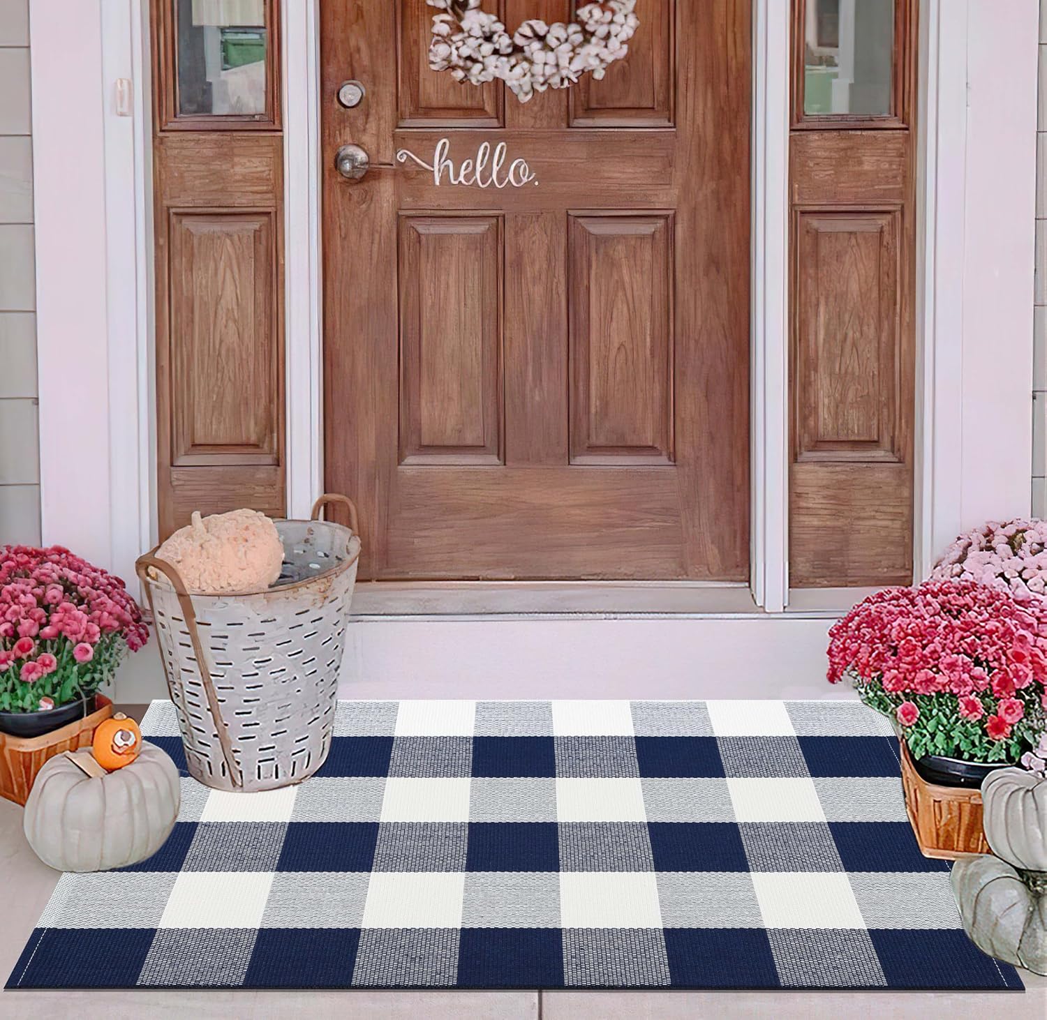 Navy Buffalo Check Layering Doormat — Washable Outdoor Entry Rug