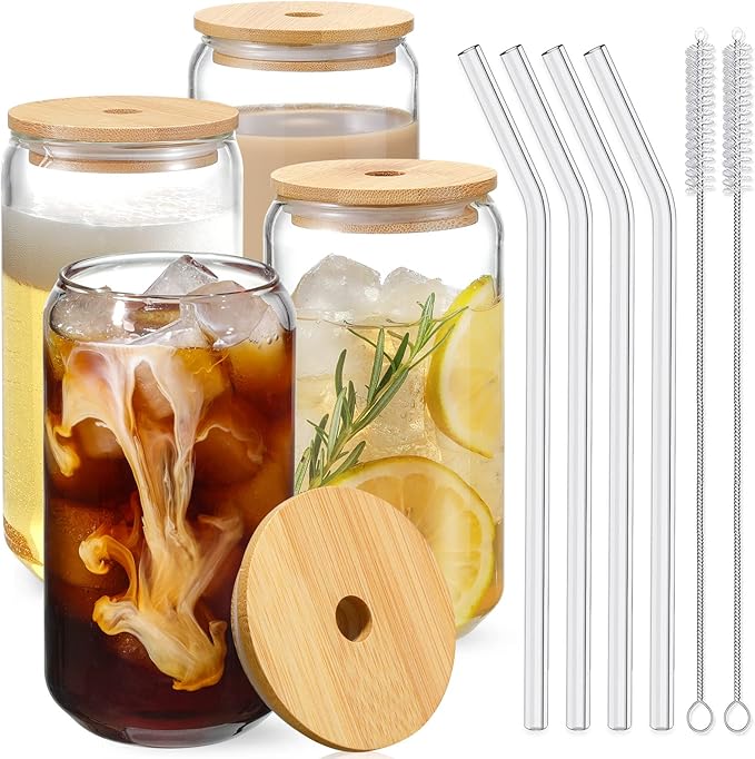 Drinking Glasses with Bamboo Lids & Glass Straws, 16 oz Set of 4