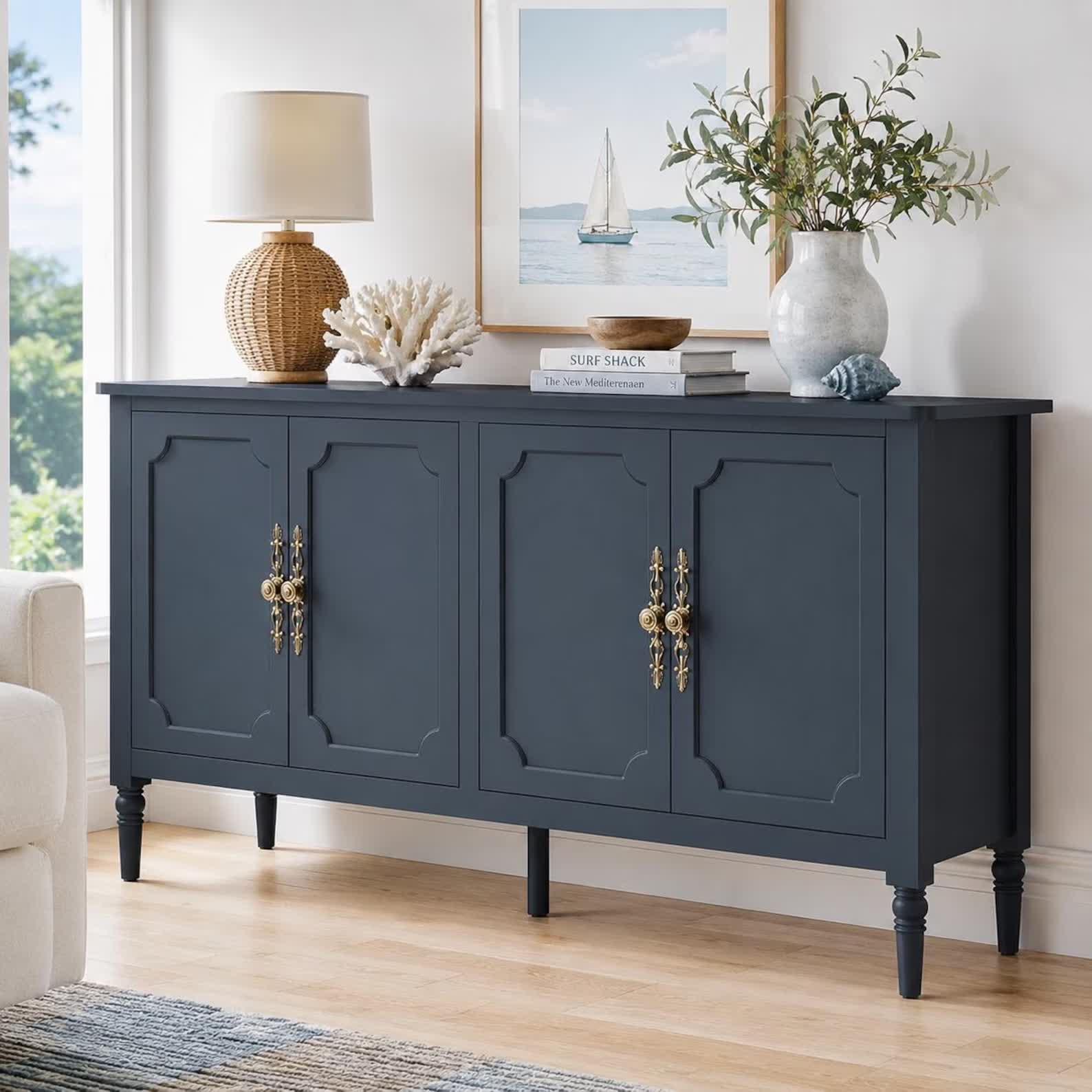 Coastal Sideboard Buffet Cabinet — Navy Four-Door Storage Credenza