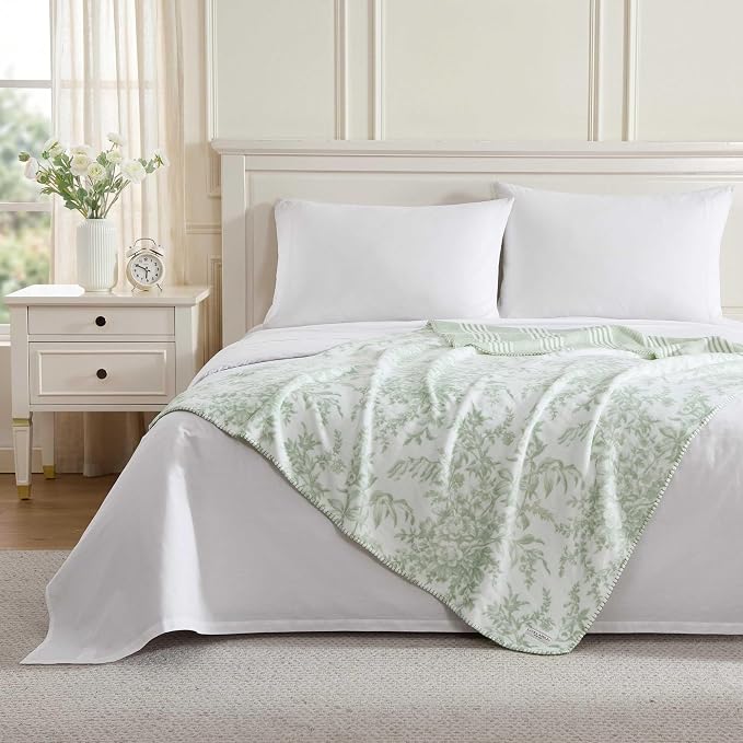 Laura Ashley Sage Green Floral Toile Reversible Cotton Blanket