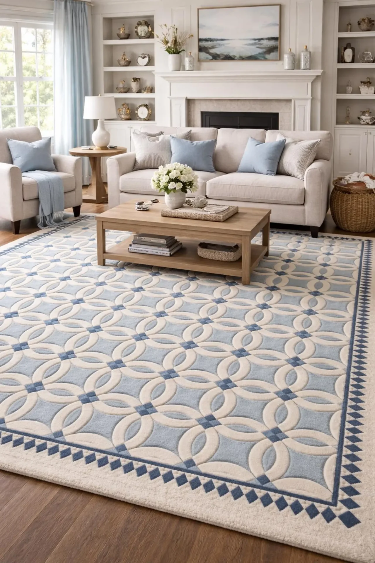 Hand-Tufted Blue & Ivory Geometric Wool Rug — Modern Coastal (+ Free Wall Art)