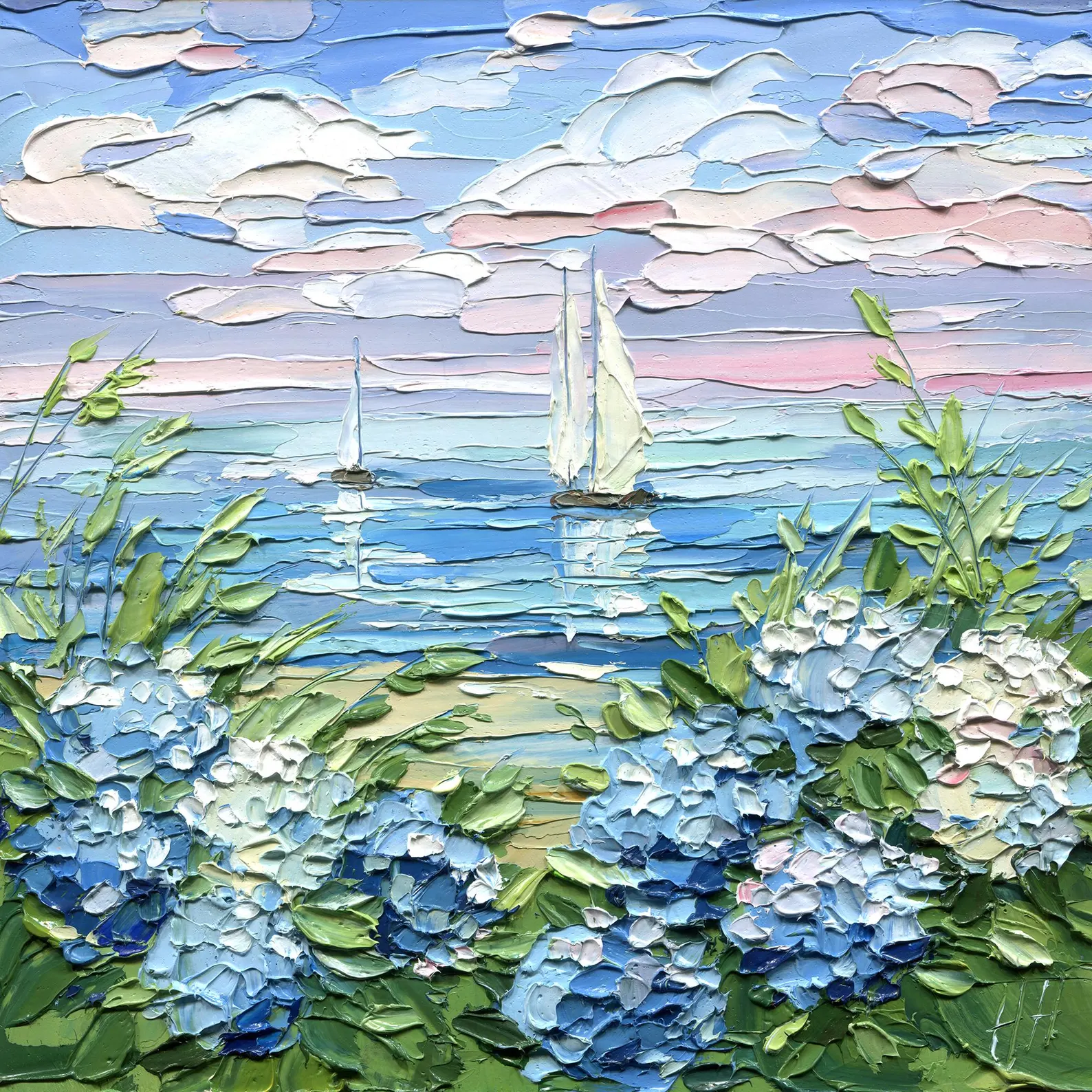 Original Coastal Hydrangea & Sailboats Impasto Oil Painting