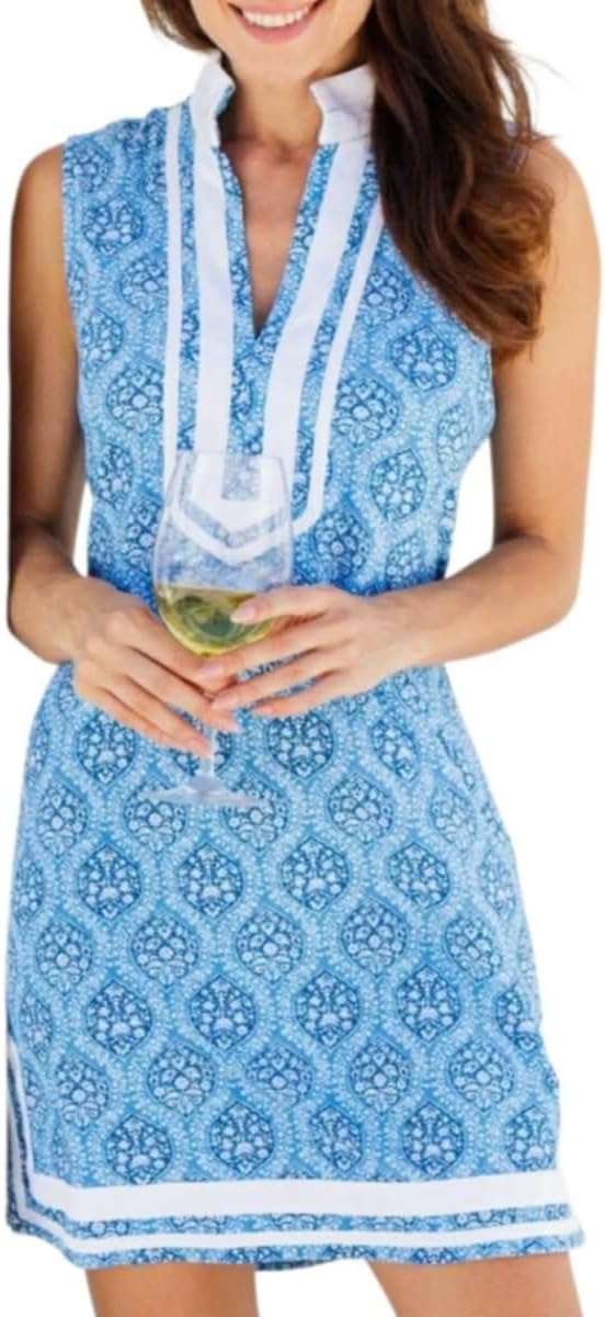 Cattleya Sleeveless Blue & White Block-Print Tunic Dress