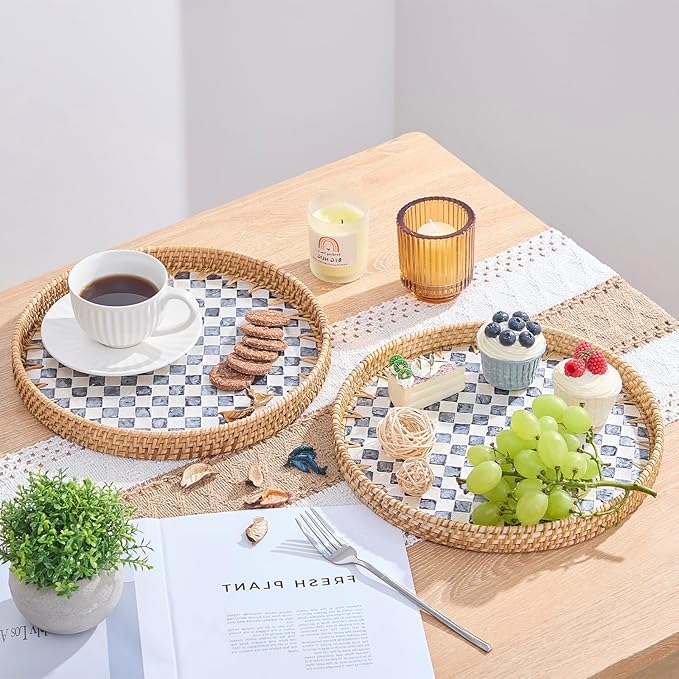 Round Rattan Serving Tray with Mother-of-Pearl Checkerboard Inlay, 11.8"