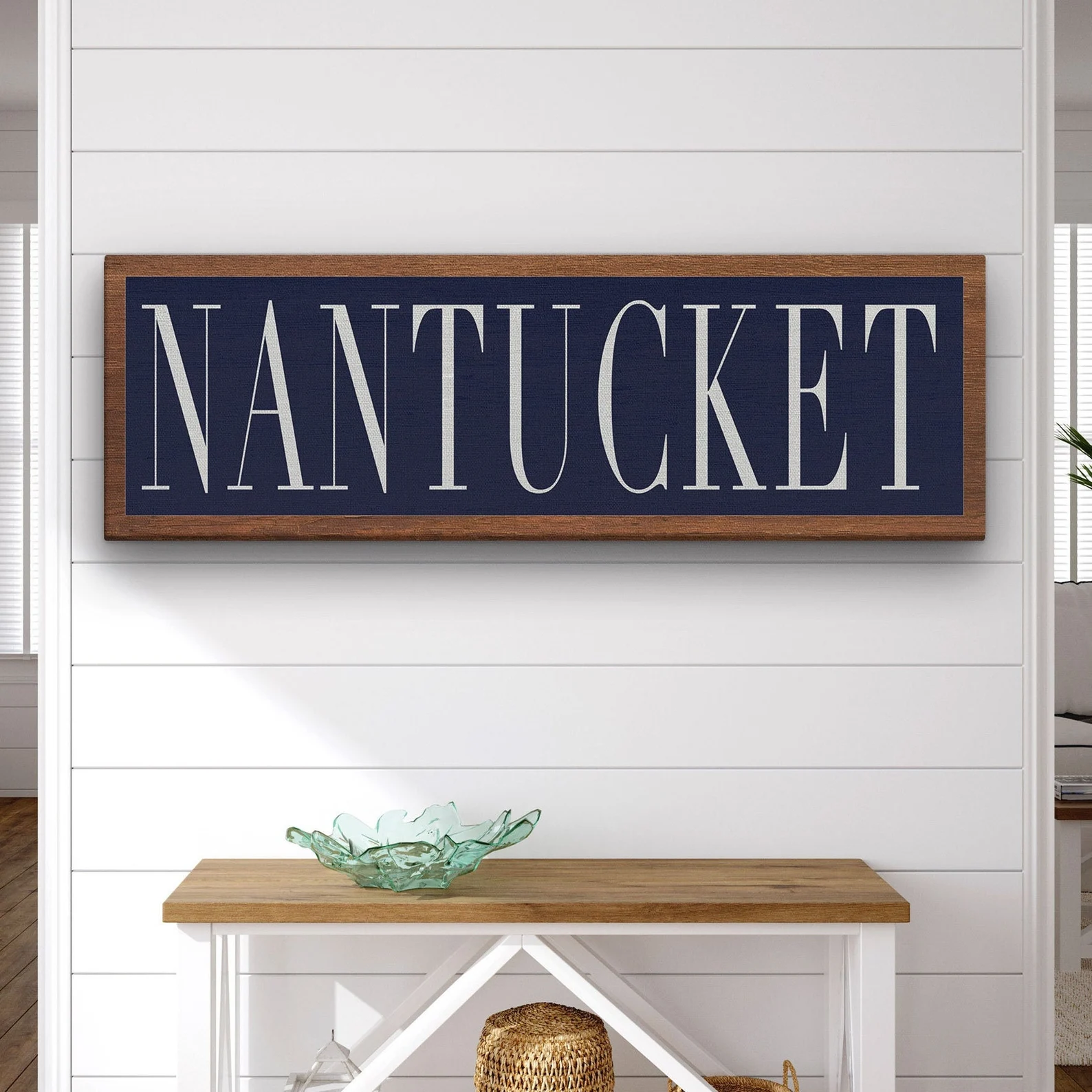 NANTUCKET Large Navy Canvas Sign — Framed Coastal Wall Art