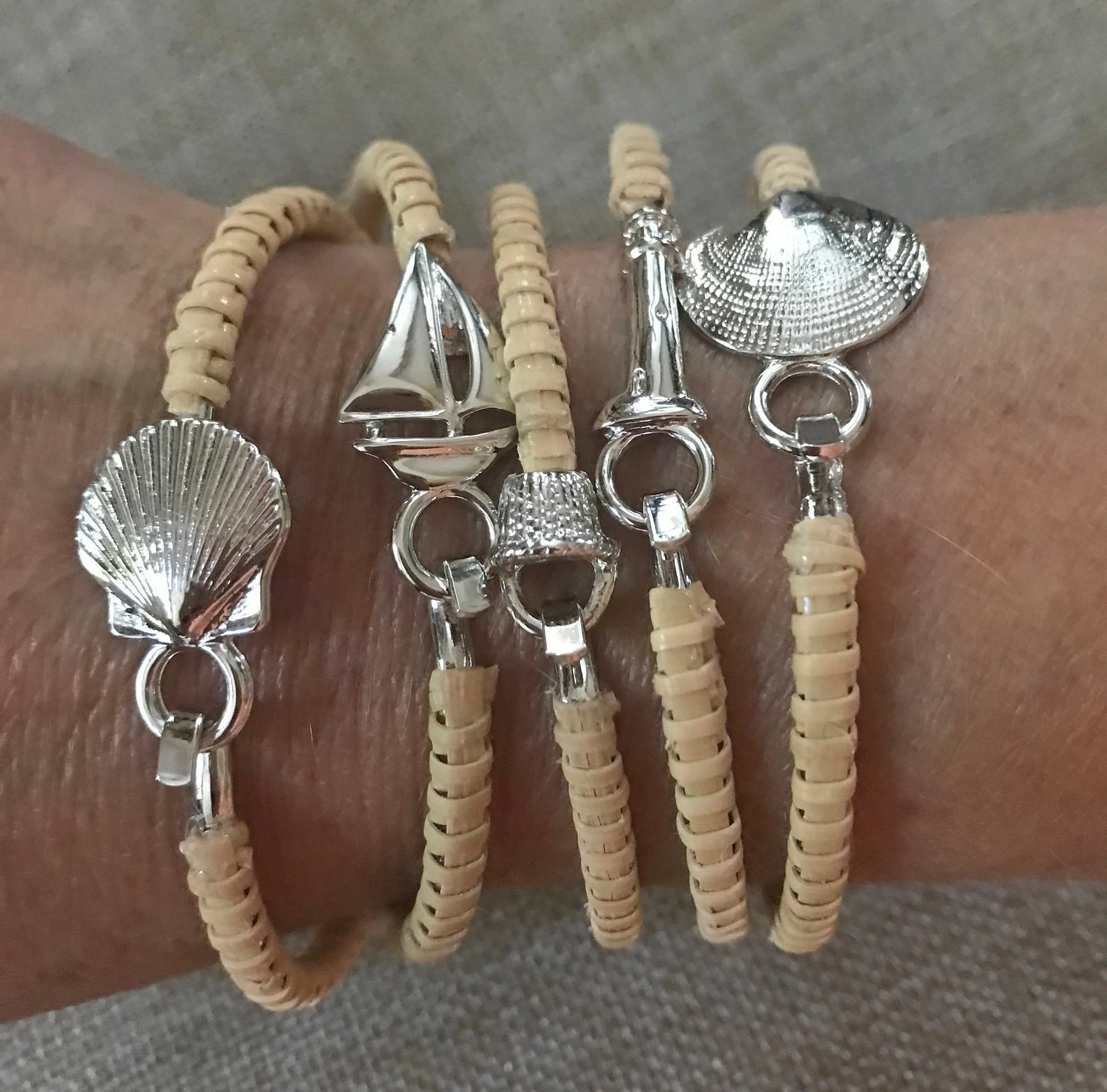 Nantucket Basket Rattan Bracelet Stack — Sand Dollar, Scallop, Sailboat, Lighthouse & Clam (Set of 5)