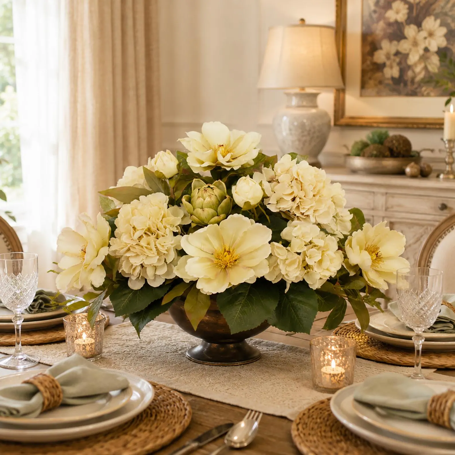 Cream Magnolia & Hydrangea Silk Centerpiece with Artichoke