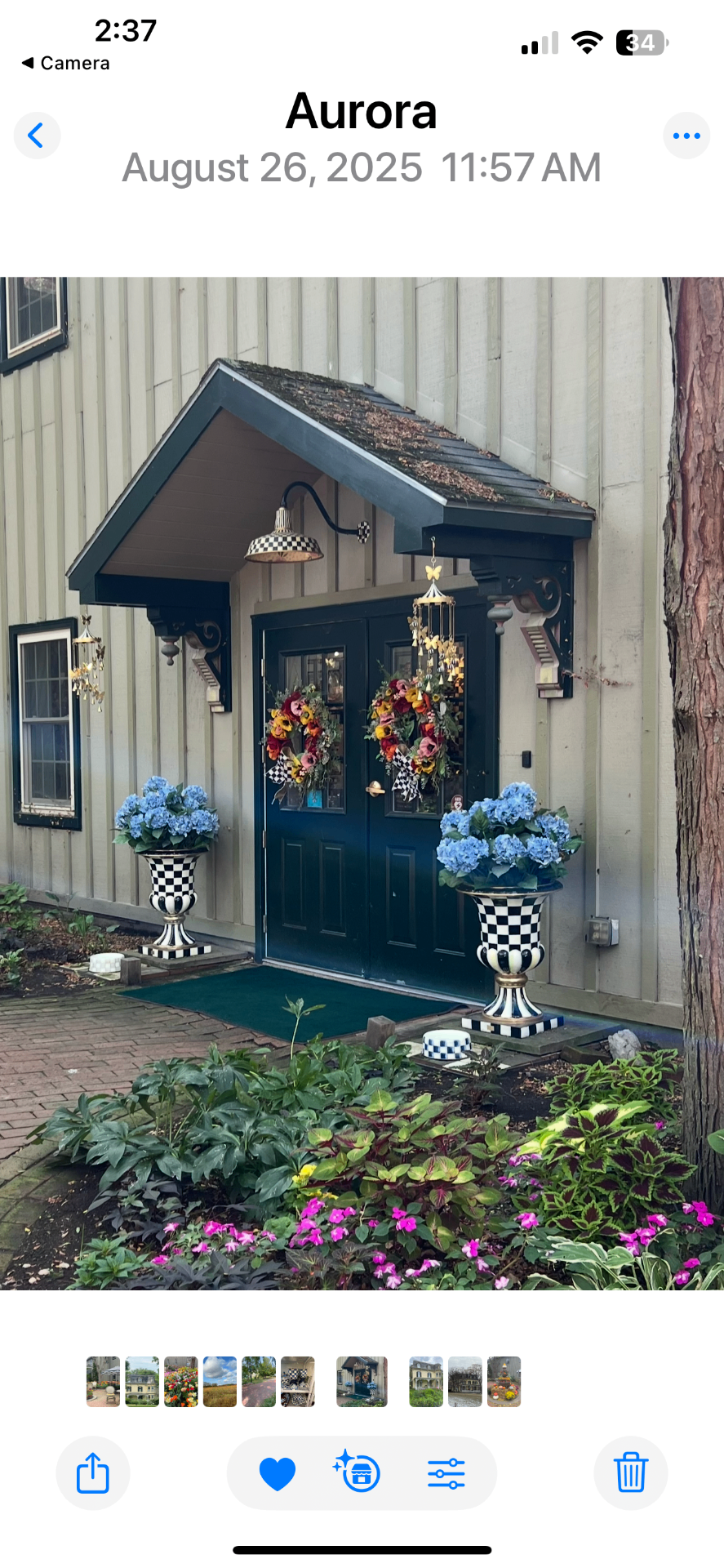 A gabled doorway at MacKenzie-Childs with checkered urns of blue hydrangeas and autumn wreaths