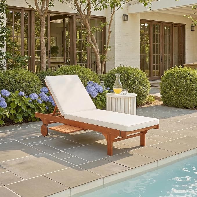 Solid Teak Adjustable Outdoor Chaise Lounge with Cream Cushion