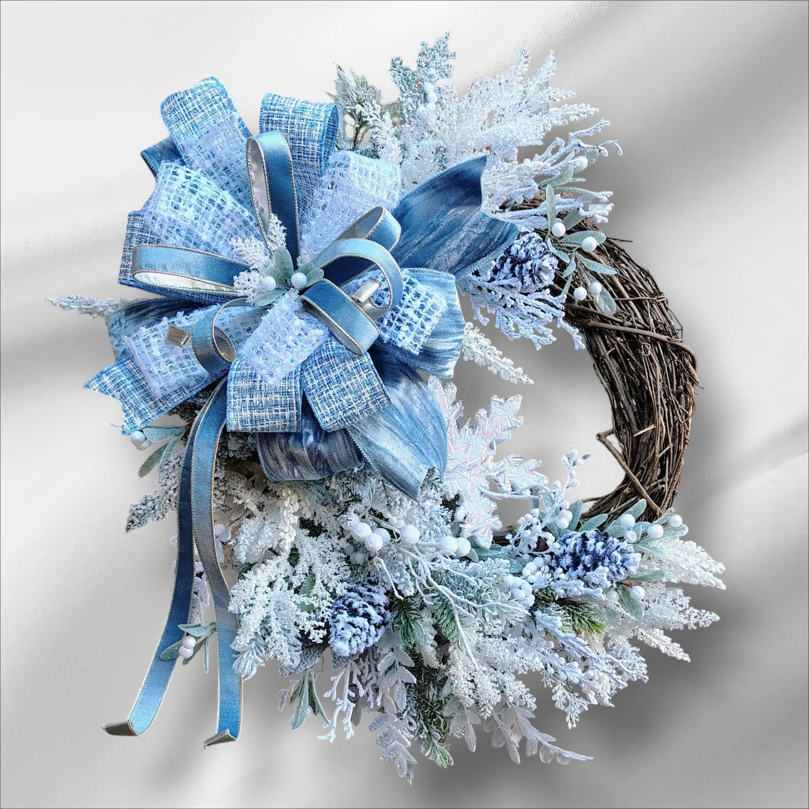 Winter Snow Frosted Designer Wreath — Ice Blue Ribbon & Grapevine
