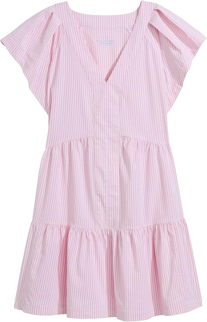 Pink Seersucker Stripe Flutter-Sleeve Tiered V-Neck Mini Dress