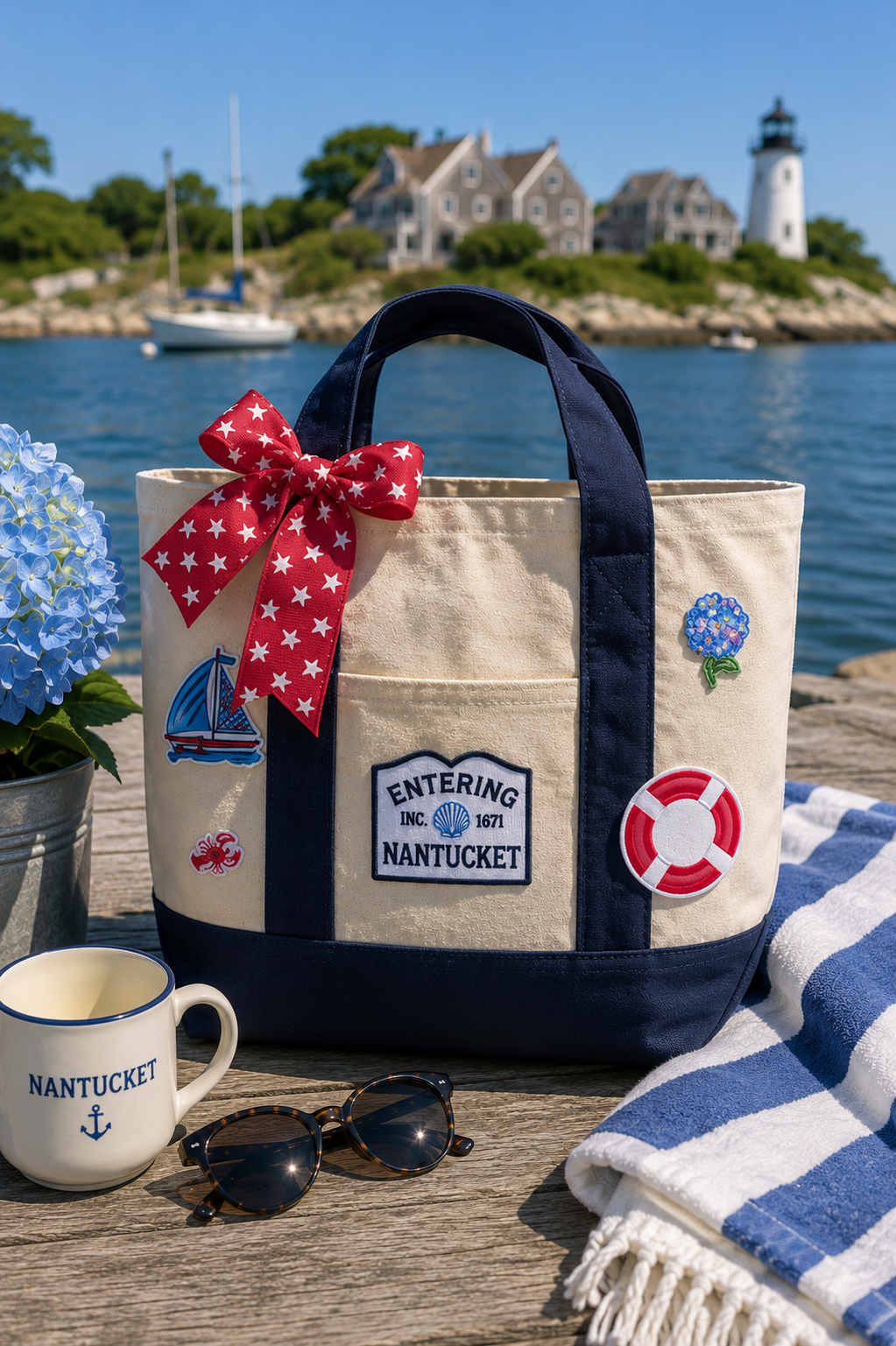 Navy Entering Nantucket tote with red star bow and sailboat patch
