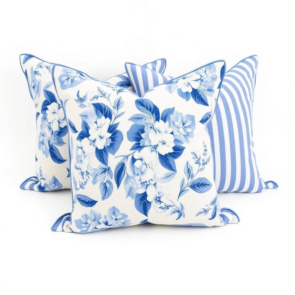 Blue Hydrangea Floral & Ticking Stripe Throw Pillow Cover Set