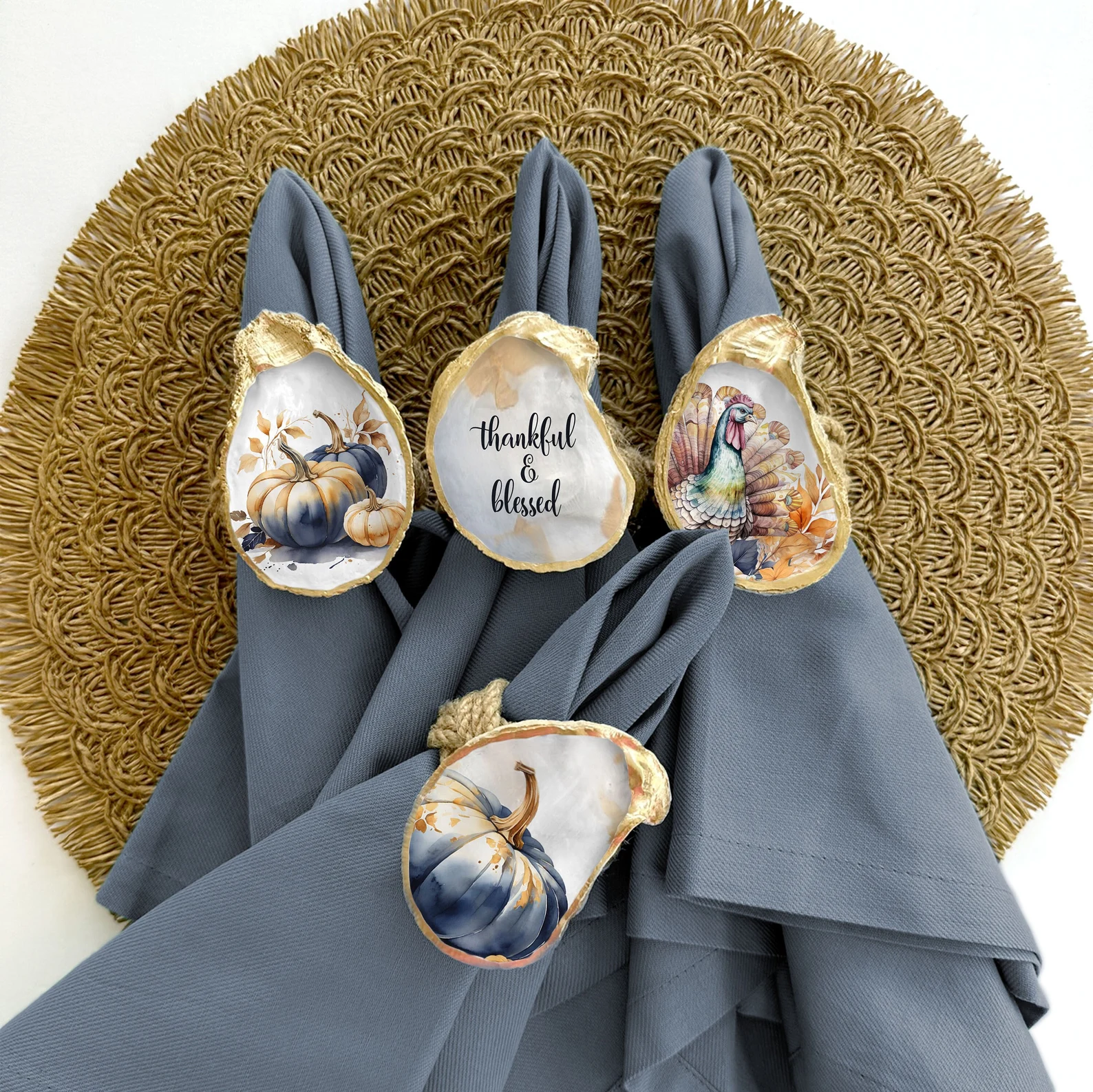 Oyster Shell Thanksgiving Napkin Rings — Blue Pumpkin, Turkey & Thankful Set