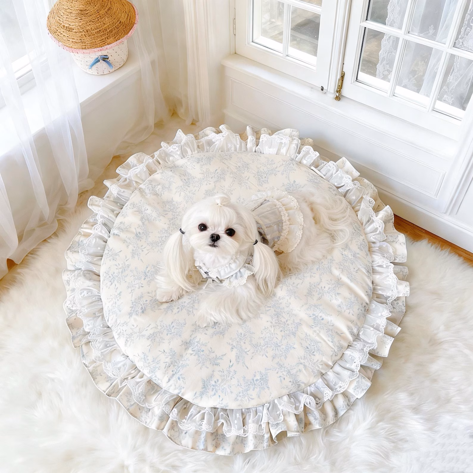 Handmade Cotton Ruffle Pet Bed — Blue Floral & Lace Trim