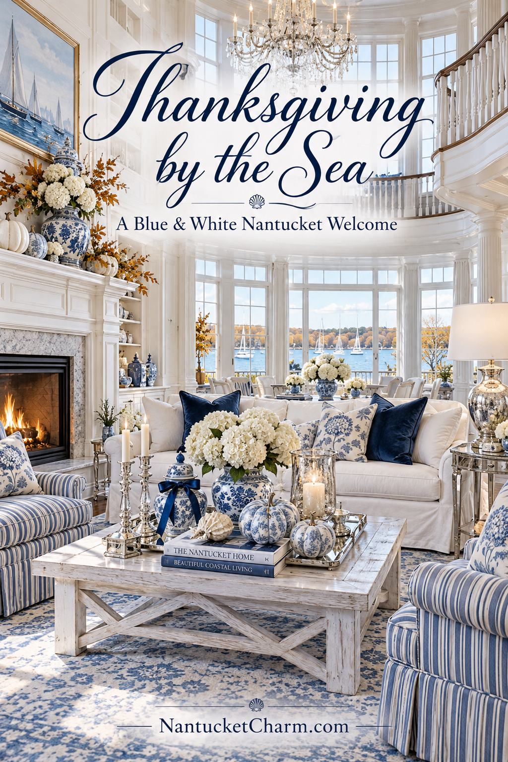 Thanksgiving by the Sea blue and white Nantucket living room with porcelain pumpkins, silver and crystal candlesticks, mercury glass hurricanes, white hydrangeas in a ginger jar, ivory slipcover sofa, ticking stripe chairs, crystal chandelier and sailboat art overlooking the harbor.