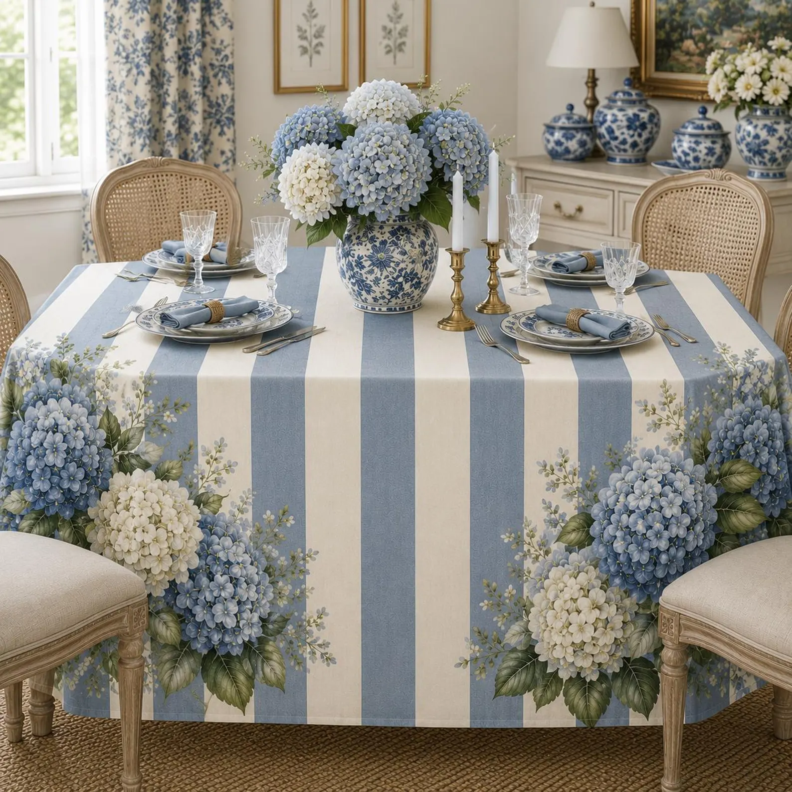 Blue Hydrangea Cabana Stripe Tablecloth (Blue & Cream)