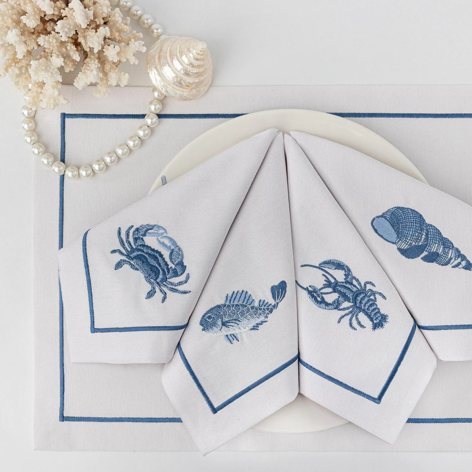 Embroidered Linen Napkin Set — Blue Sea-Life (Crab, Fish, Lobster, Shell)
