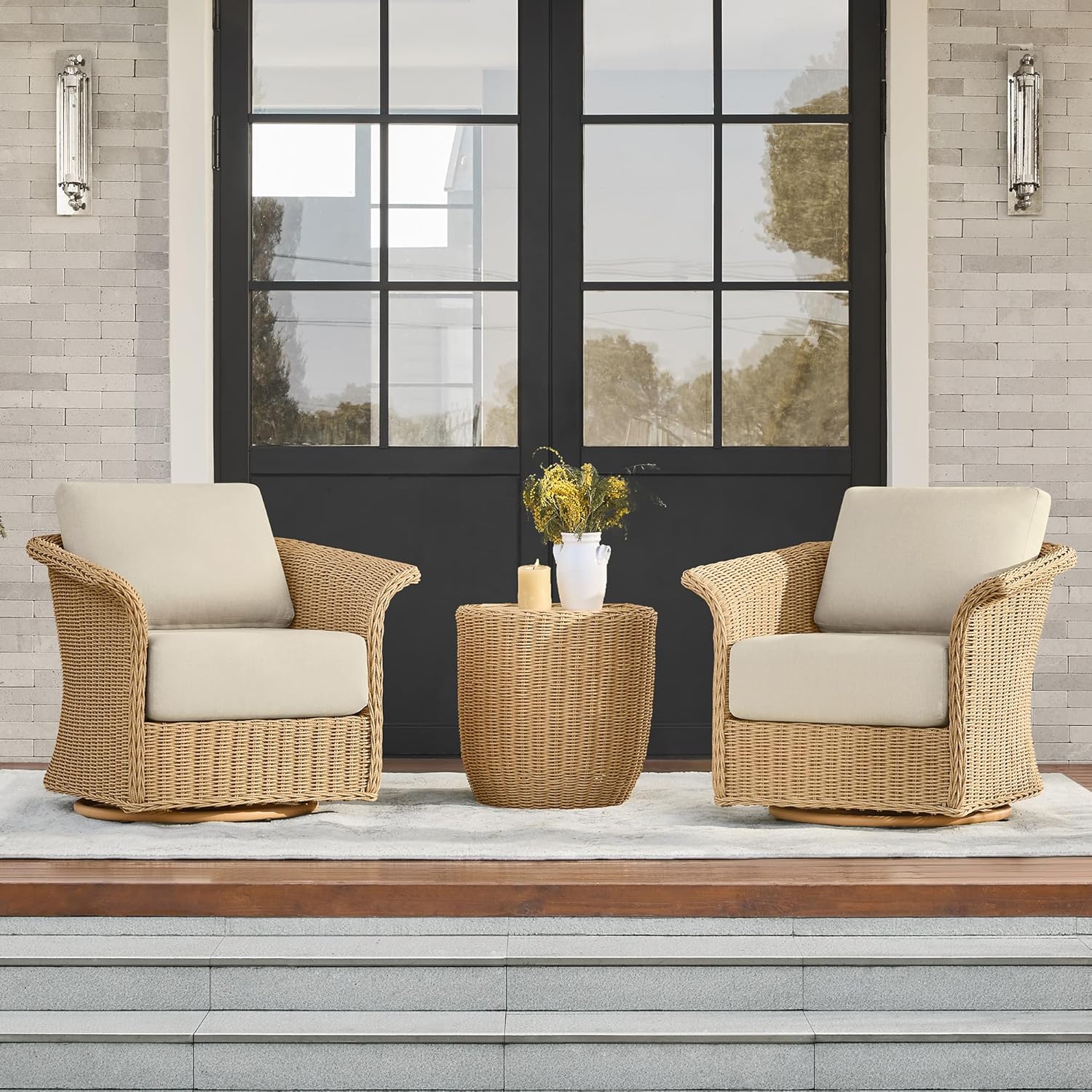 All-Weather Wicker Swivel Chairs & Side Table (3-Piece Porch Set)