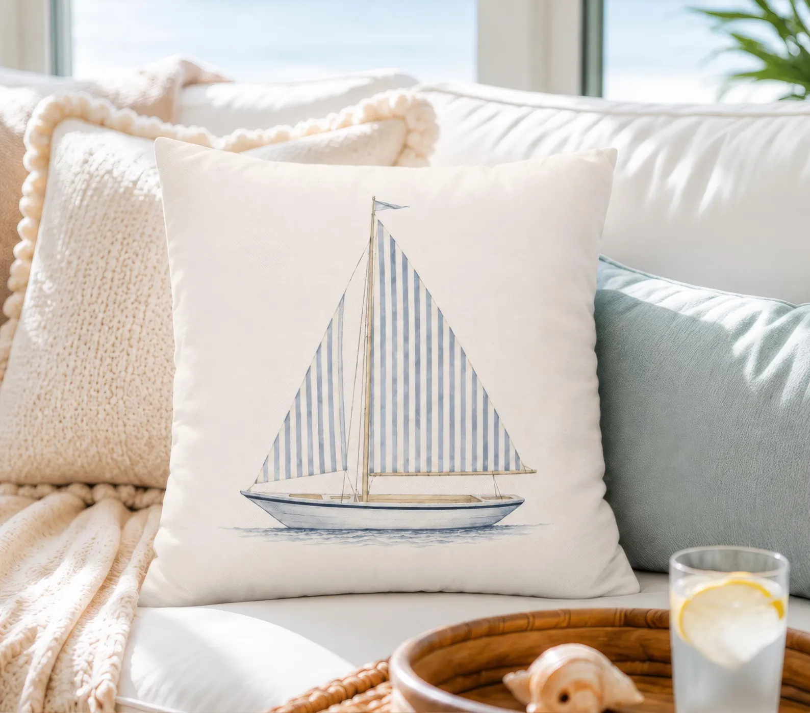 Striped Sailboat Pillow Cover — Nautical Coastal Cottage Cushion Case