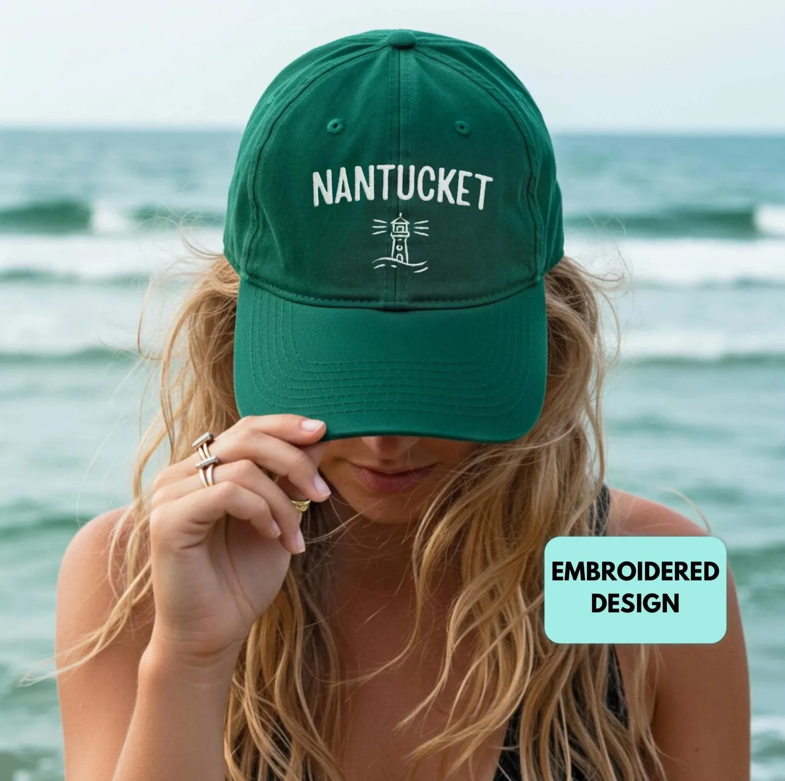 Nantucket Lighthouse Embroidered Baseball Hat — Hunter Green