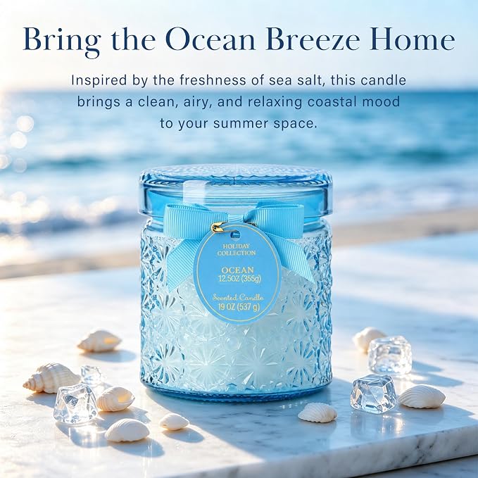 Ocean Sea Salt Scented Candle — Blue Cut-Glass Jar with Bow