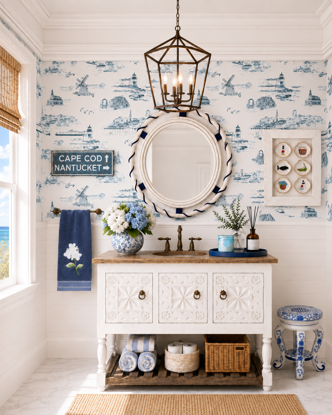 Coastal powder room with Nantucket Cape Cod toile wallpaper, white shiplap wainscot, a carved white reclaimed-wood vanity with copper sink, a round white and navy nautical rope mirror, copper cage lantern pendant, framed scallop shell art, blue and white striped rolled towels and a jute rug.