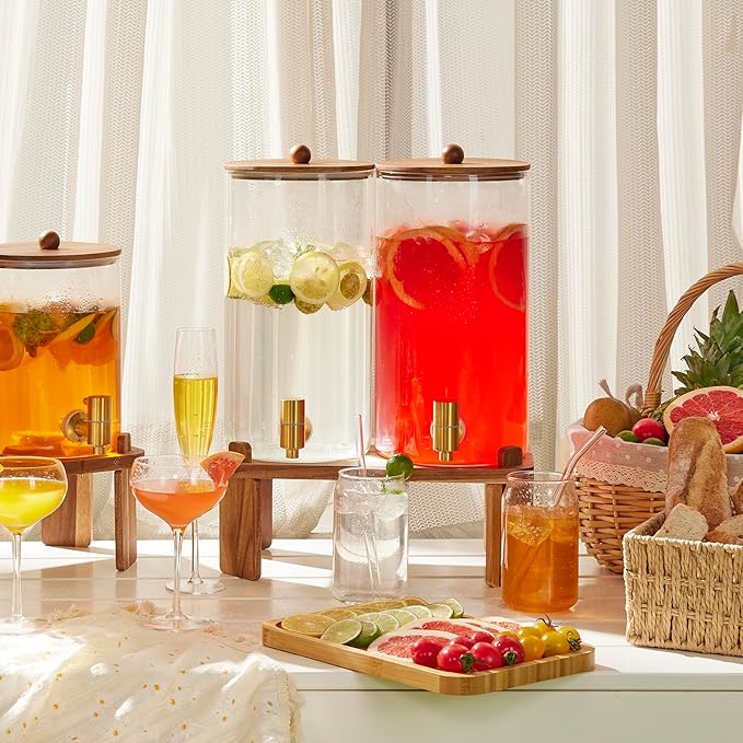 Glass Beverage Dispensers with Wooden Stand (Set of 2)