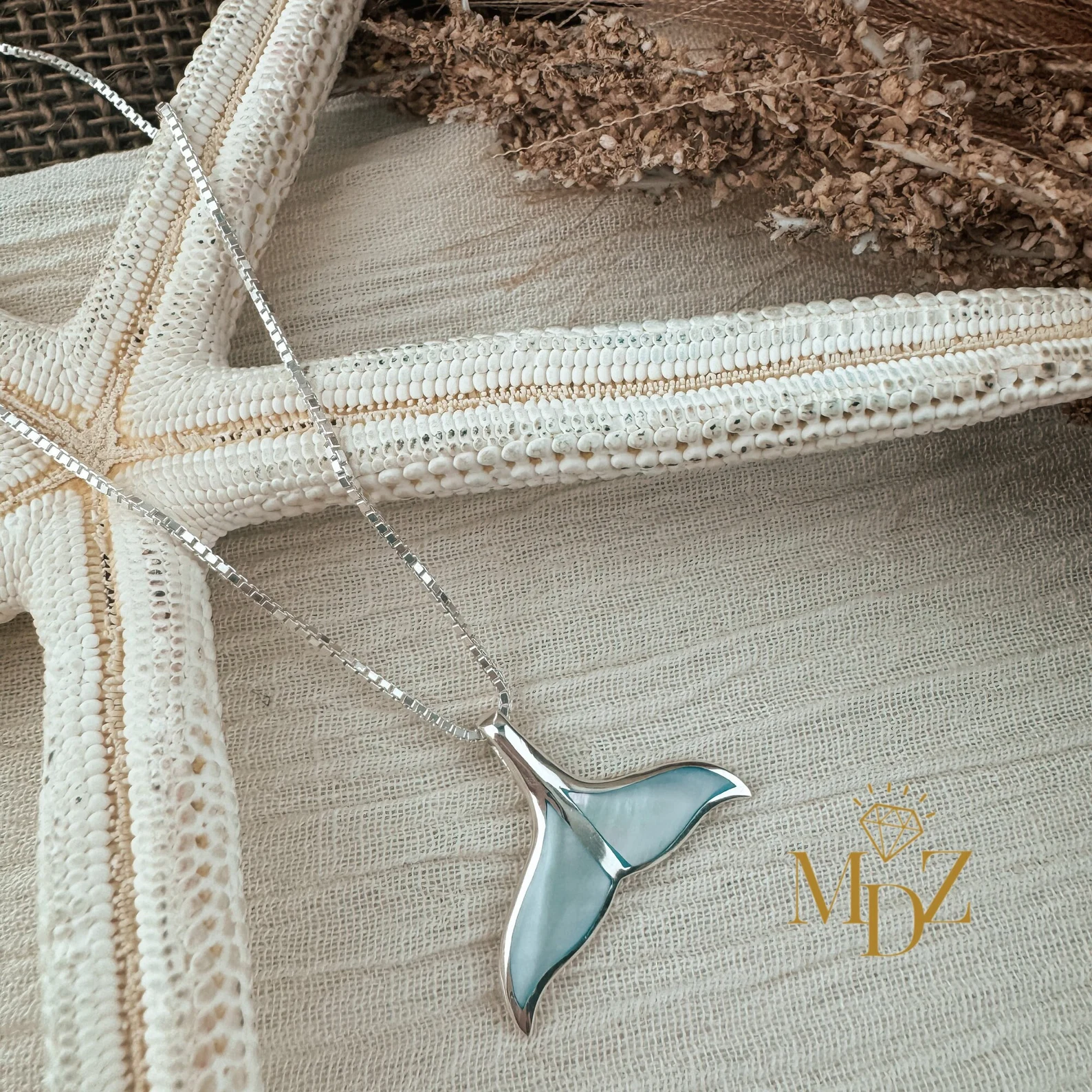 Sterling Silver Whale Tail Necklace with Blue Mother-of-Pearl