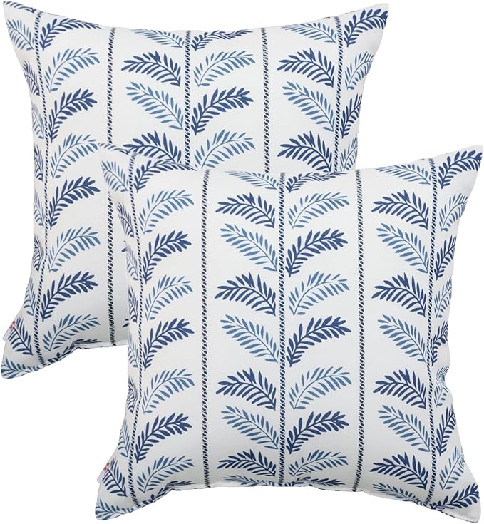 JMKaixin Outdoor Waterproof Blue Fern Throw Pillows — 18"×18" with Inserts (Set of 2)