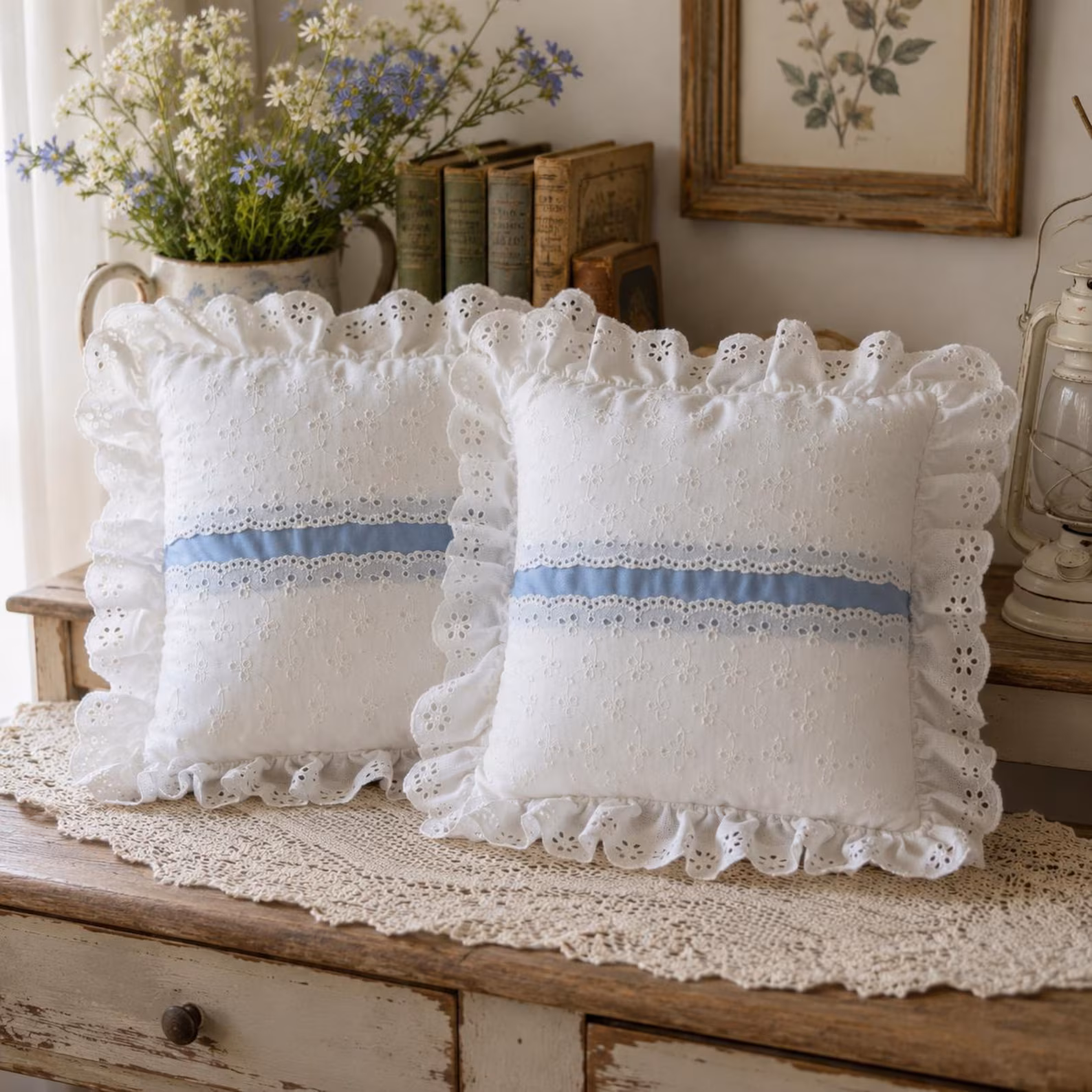 Pair of Vintage Eyelet Lace Throw Pillows — White & Blue Ruffled Cottage Accent Cushions