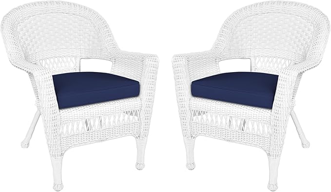 Jeco All-Weather White Wicker Chairs with Blue Cushions (Set of 2)