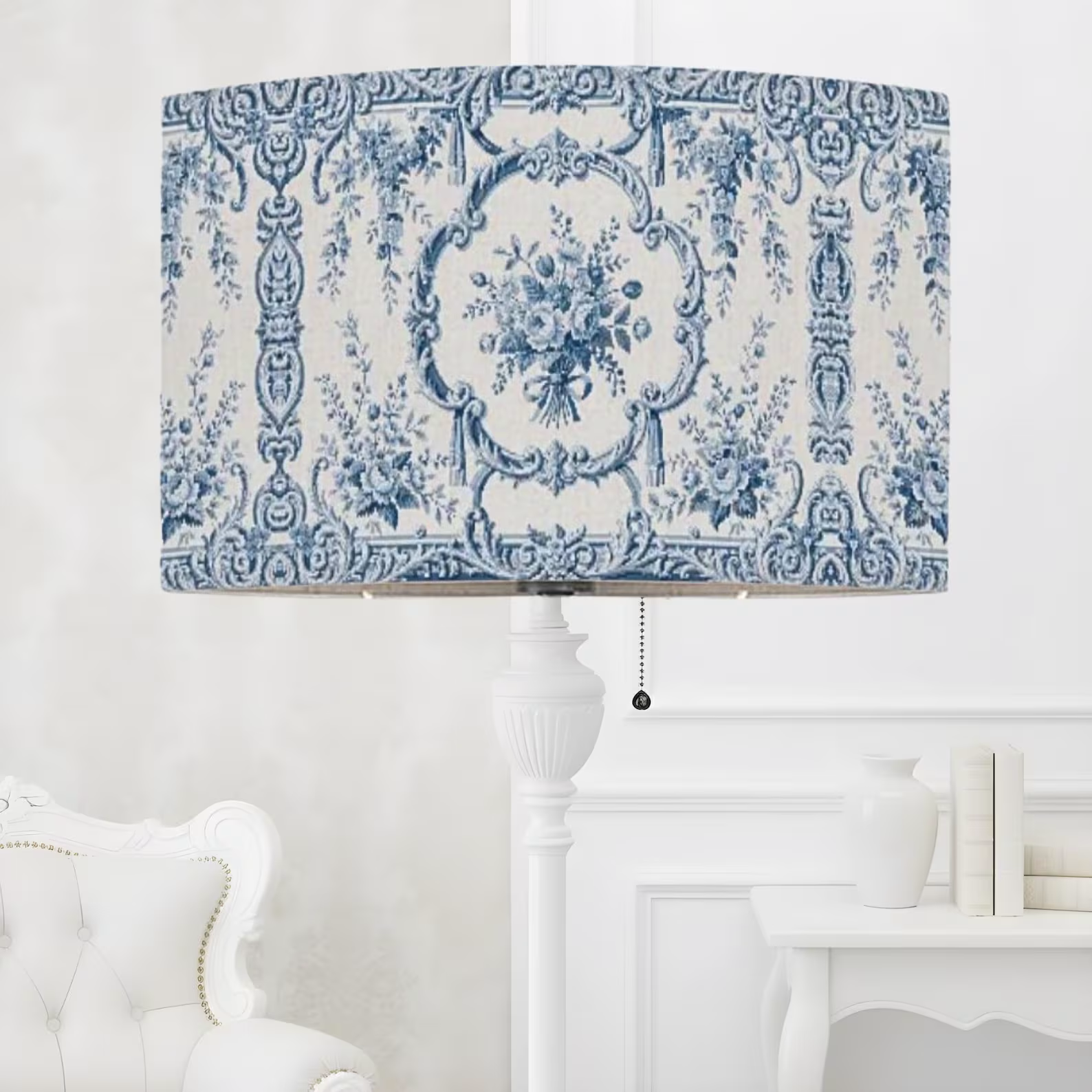 Rococo Floral Scroll Lampshade — Blue & White Toile Drum