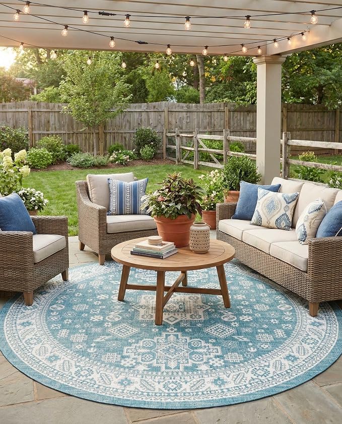 Blue Medallion Round Outdoor Rug — Vintage Persian Style