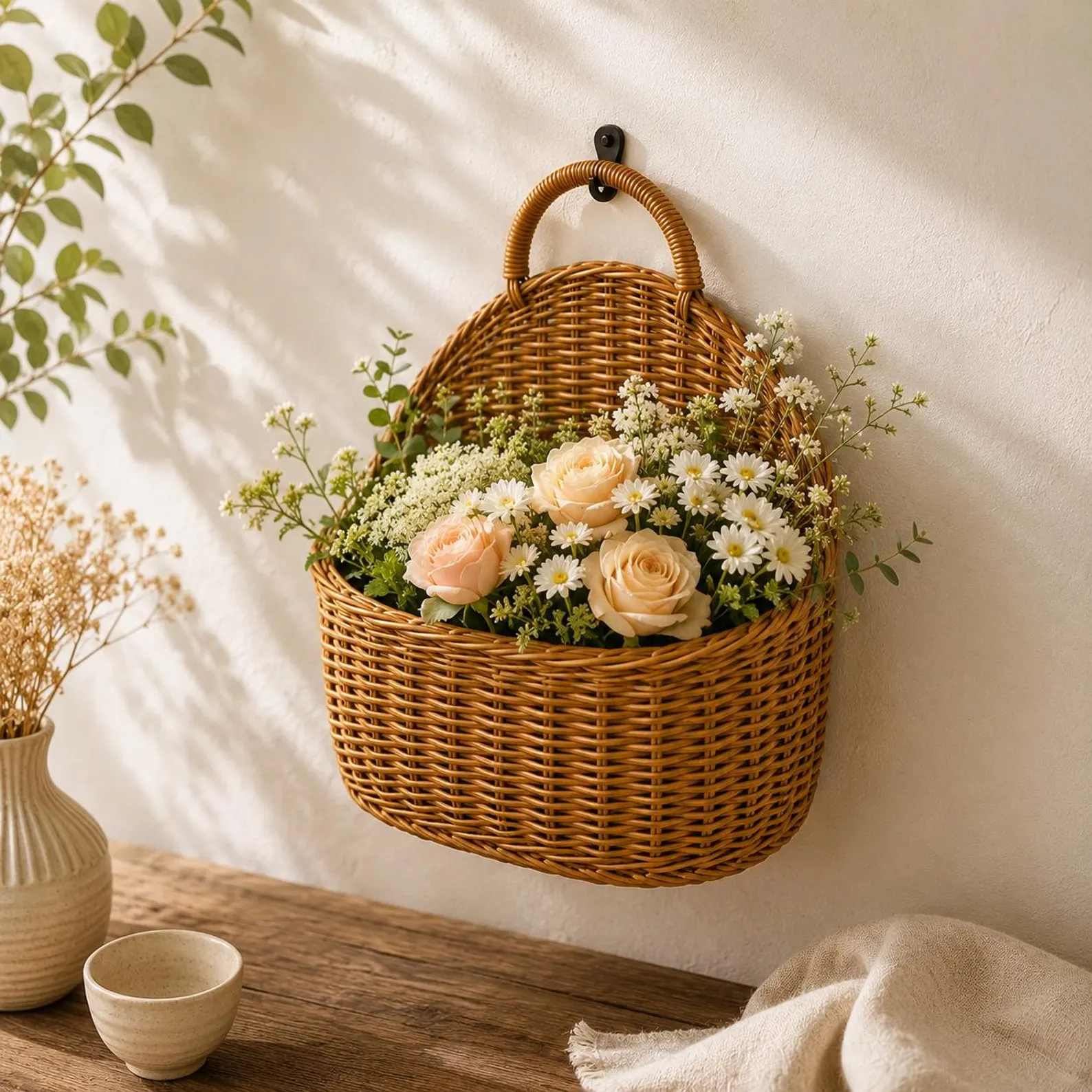 Woven Rattan Wall Hanging Basket — Farmhouse Flower Planter
