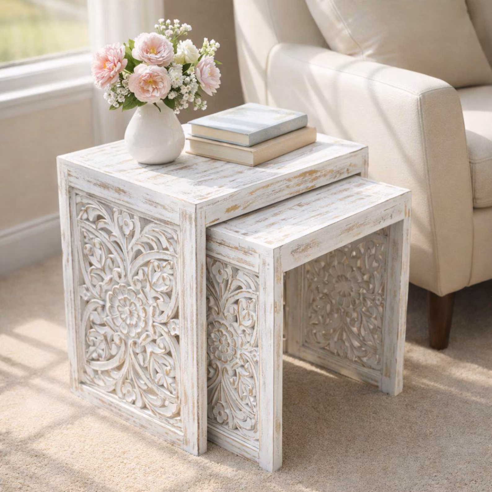 Set of 2 Nested End Tables — Mango Wood White Shabby Chic Finish