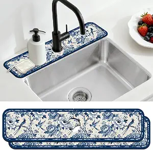 Blue Floral Chinoiserie Sink Faucet Mat (Set of 2)