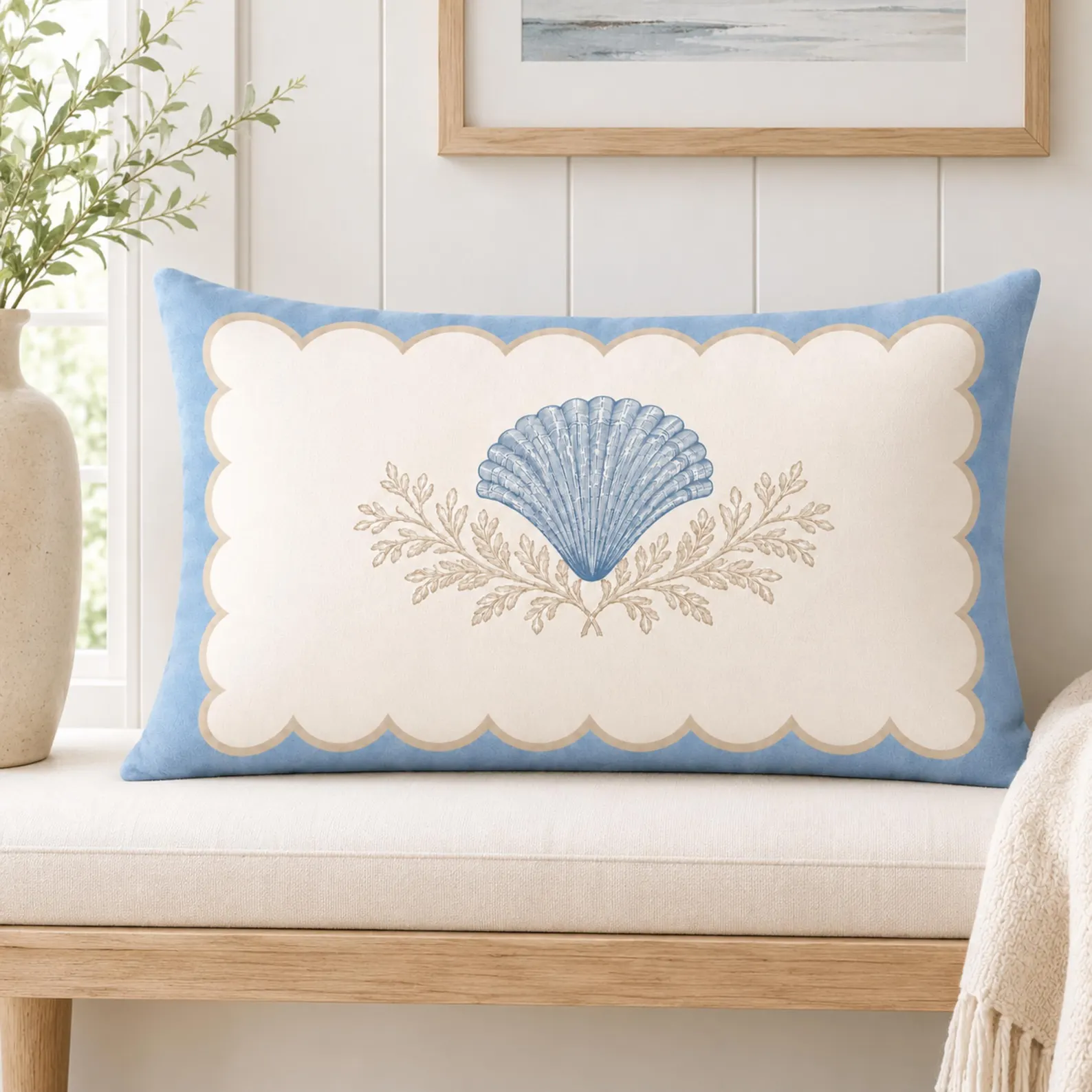 Blue Coastal Seashell Lumbar Pillow — Scalloped Watercolor Bolster Cover