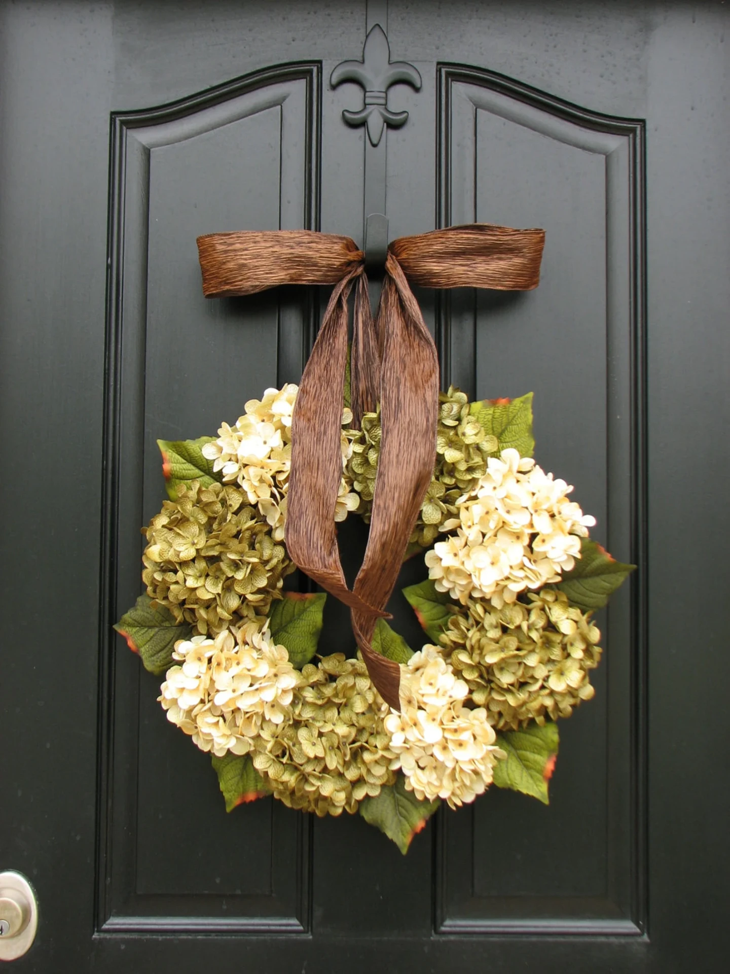 Cream & Green Hydrangea Front Door Wreath with Bronze Silk Bow