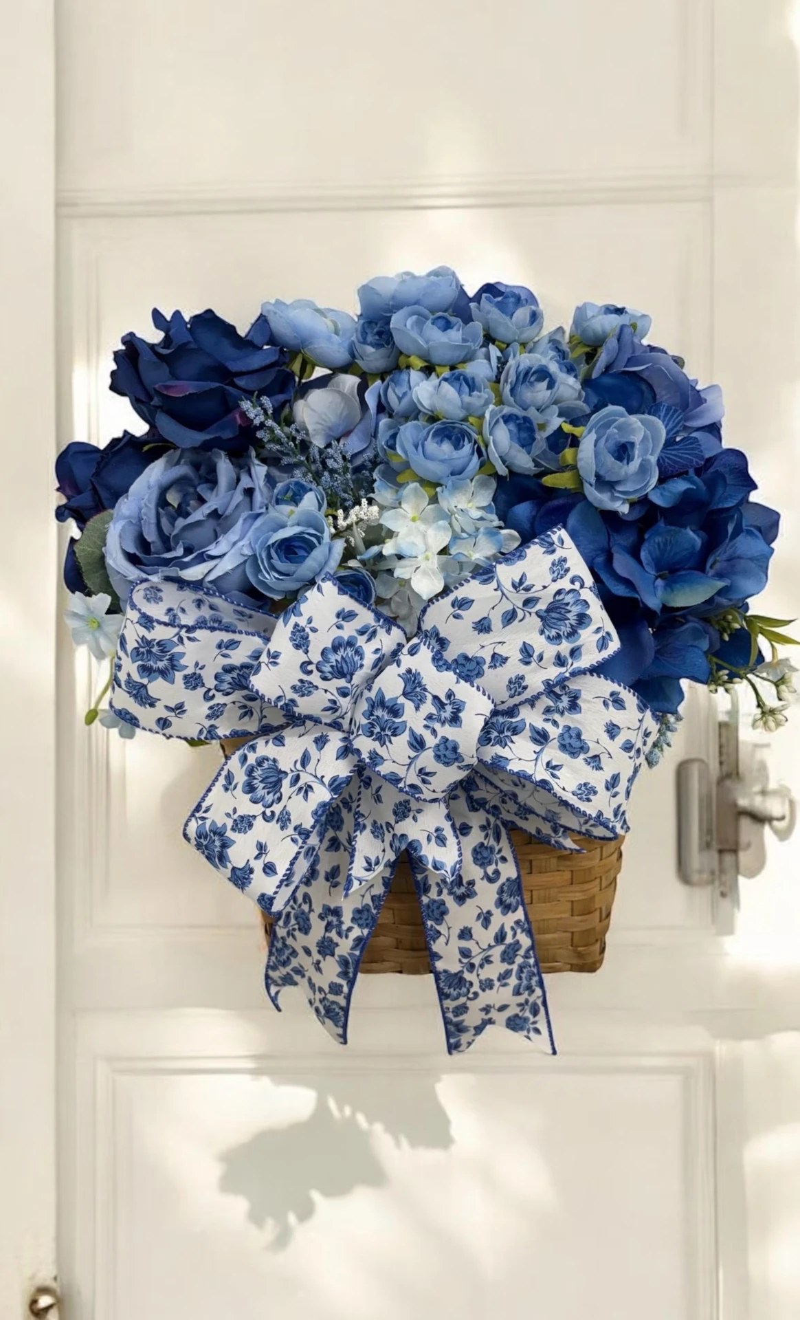 Blue & White Floral Door Basket — Wicker Chinoiserie Front Door Decor