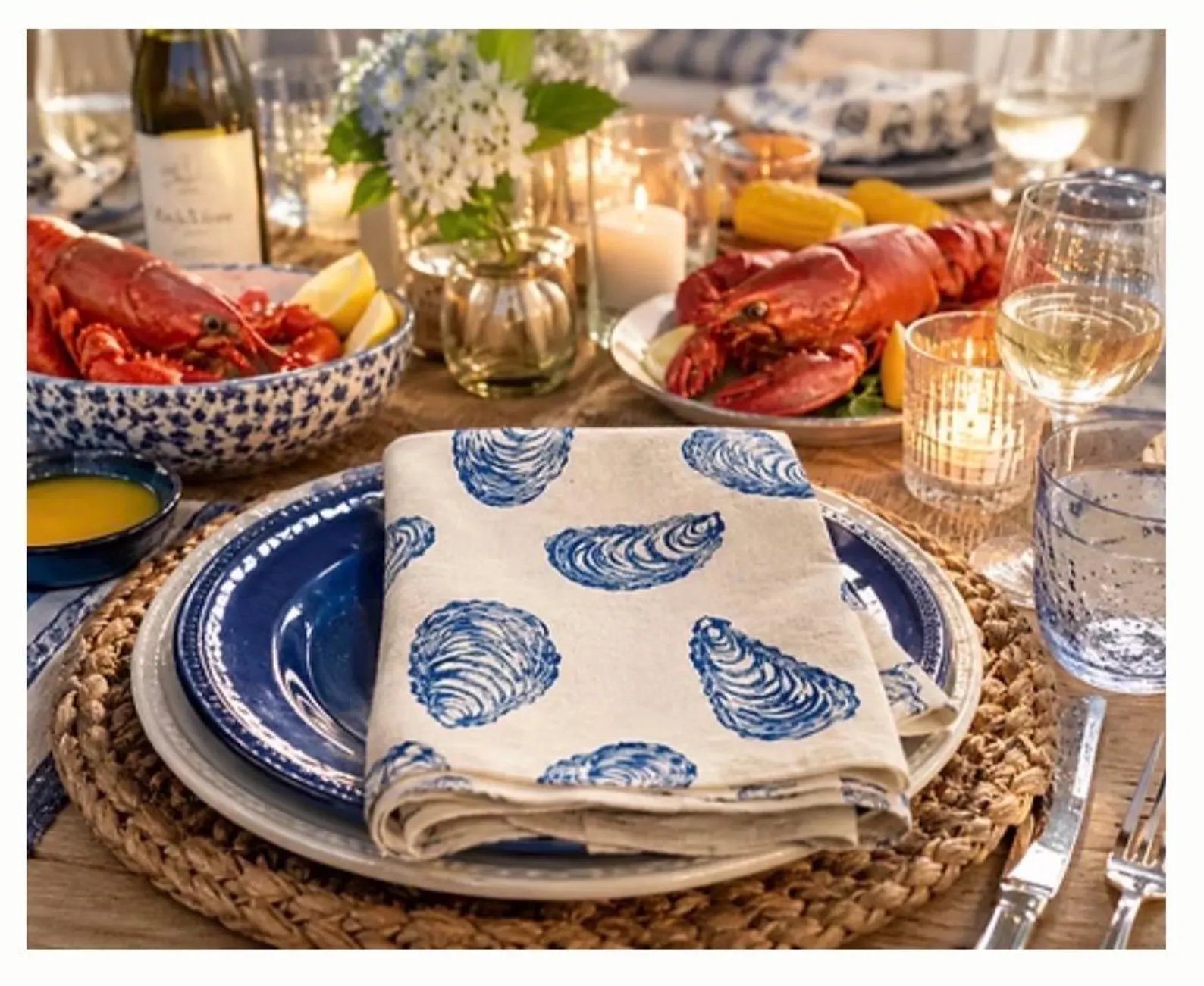 Coastal Cape Cod Dinner Napkins — Blue Oyster Shell Print
