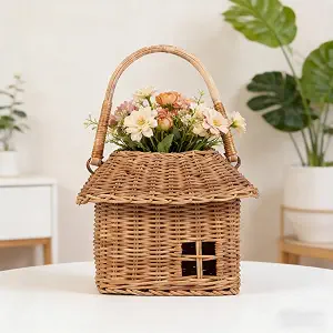 House-Shaped Hand-Woven Rattan Basket with Handle (Large)
